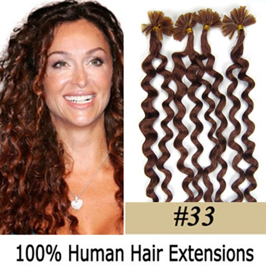 20" 100pcs/Set Curly Nail Tip Hair Keratin U Tip Remy Human Hair Extensions #33 Dark auburn - Click Image to Close