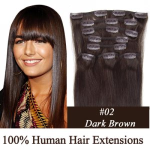 20"8Pcs 100g/set Clip In/On Remy Human Hair Extensions #02 Darkest brown