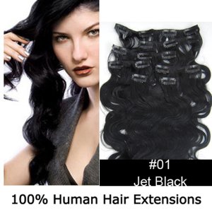 20"7Pcs 70g/set Body Wavy Clip In/On Remy Human Hair Extensions #01 Jet Black