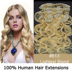 20"7Pcs 70g/set Body Wavy Clip In/On Remy Human Hair Extensions #613 Light blonde