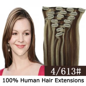 15"18"20"22"7Pcs 70g/80g/set Straight Clip In/On Remy Human Hair Extensions #4/613