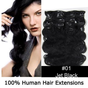20"8Pcs 100g/set Body Wavy Clip In/On Remy Human Hair Extensions #01 Jet black