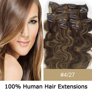 20"7Pcs 70g/set Body Wavy Clip In/On Remy Human Hair Extensions #4/27