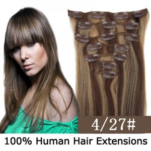 15"18"20"22"7Pcs 70g/80g/set Straight Clip In/On Remy Human Hair Extensions #4/27