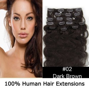 20"8Pcs 100g/set Body Wavy Clip In/On Remy Human Hair Extensions #02 Darkest brown