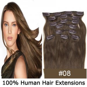 20"8Pcs 100g/set Clip In/On Remy Human Hair Extensions #08 Chestnut brown