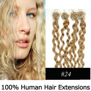 20" 100pcs/Set Curly Micro Ring Loop Hair Remy Human Hair Extensions #24 Medium blonde