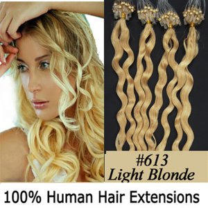 20" 100pcs/Set Curly Micro Ring Loop Hair Remy Human Hair Extensions #613 Light blonde
