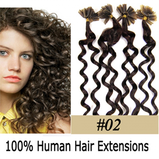 20" 100pcs/Set Curly Nail Tip Hair Keratin U Tip Remy Human Hair Extensions #02 Darkest brown - Click Image to Close