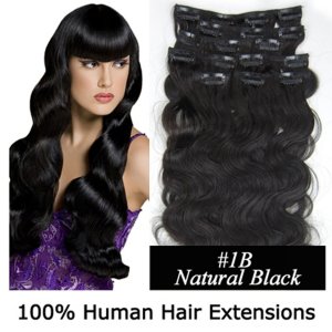 20"8Pcs 100g/set Body Wavy Clip In/On Remy Human Hair Extensions #1B Natural black