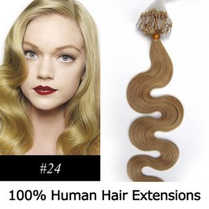 20" 100pcs/Set Wavy Micro Ring Loop Hair Remy Human Hair Extensions #24 Medium blonde