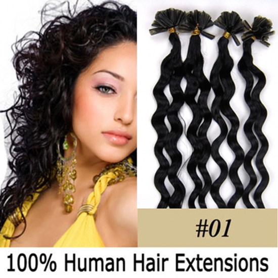 20" 100pcs/Set Curly Nail Tip Hair Keratin U Tip Remy Human Hair Extensions #01 Jet black - Click Image to Close