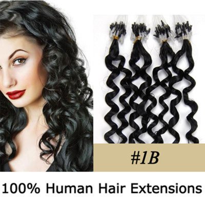 20" 100pcs/Set Curly Micro Ring Loop Hair Remy Human Hair Extensions #1B Natural black