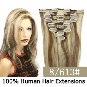 15"18"20"22"7Pcs 70g/80g/set Straight Clip In/On Remy Human Hair Extensions #8/613