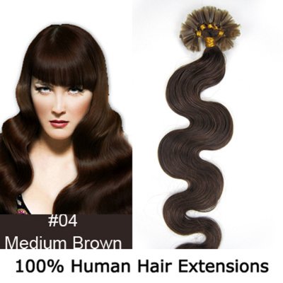 20" 100pcs/Set Wavy Nail Tip Hair Keratin U Tip Remy Human Hair Extensions #04 Medium brown