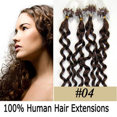 20" 100pcs/Set Curly Micro Ring Loop Hair Remy Human Hair Extensions #04 Medium brown