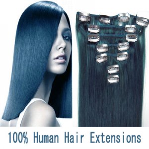 15"18"20"22"7Pcs 70g/80g/set Straight Clip In/On Remy Human Hair Extensions #Blue