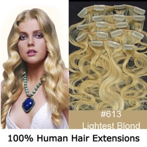 20"8Pcs 100g/set Body Wavy Clip In/On Remy Human Hair Extensions #613 Light blonde