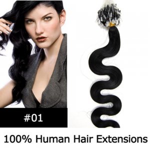 20" 100pcs/Set Wavy Micro Ring Loop Hair Remy Human Hair Extensions #01 Jet black