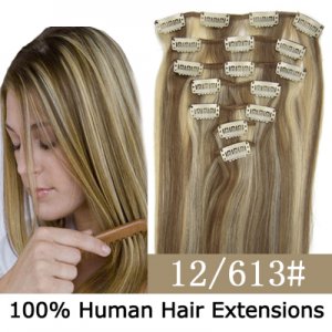 15"18"20"22"7Pcs 70g/80g/set Straight Clip In/On Remy Human Hair Extensions #12/613