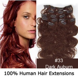 20"7Pcs 70g/set Body Wavy Clip In/On Remy Human Hair Extensions #33 Dark auburn