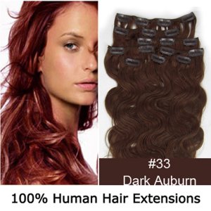 20"8Pcs 100g/set Body Wavy Clip In/On Remy Human Hair Extensions #33 Dark auburn