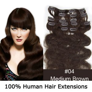 20"7Pcs 70g/set Body Wavy Clip In/On Remy Human Hair Extensions #04 Medium brown