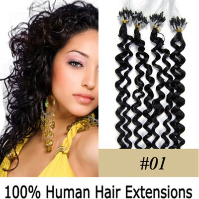 20" 100pcs/Set Curly Micro Ring Loop Hair Remy Human Hair Extensions #01 Jet black
