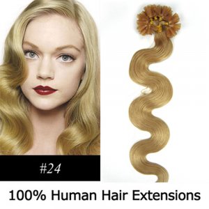 20" 100pcs/Set Wavy Nail Tip Hair Keratin U Tip Remy Human Hair Extensions #24 Medium blonde