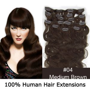 20"8Pcs 100g/set Body Wavy Clip In/On Remy Human Hair Extensions #04 Medium brown