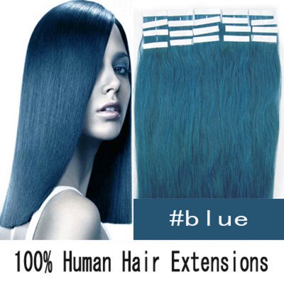 16"18"20"22"24" 20pcs/set Straight Tape in Remy Human Hair Extensions #Blue