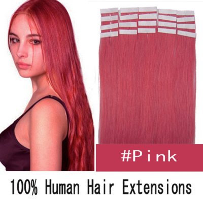 16"18"20"22"24" 20pcs/set Straight Tape in Remy Human Hair Extensions #Pink