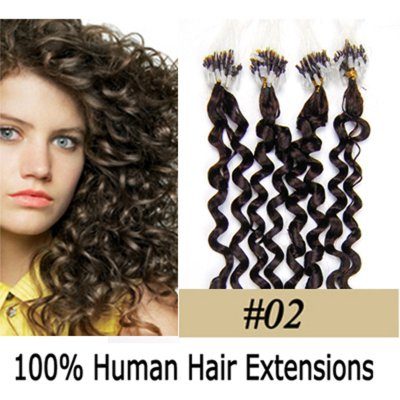 20" 100pcs/Set Curly Micro Ring Loop Hair Remy Human Hair Extensions #02 Darkest brown