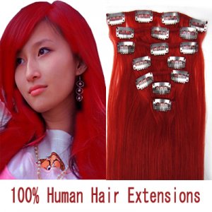 15"18"20"22"7Pcs 70g/80g/set Straight Clip In/On Remy Human Hair Extensions #Red