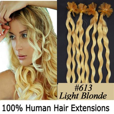 20" 100pcs/Set Curly Nail Tip Hair Keratin U Tip Remy Human Hair Extensions #613 Light blonde