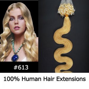 20" 100pcs/Set Wavy Micro Ring Loop Hair Remy Human Hair Extensions #613 Light blonde
