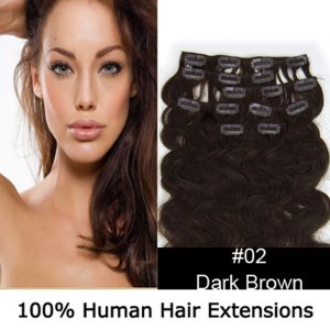 20"7Pcs 70g/set Body Wavy Clip In/On Remy Human Hair Extensions #02 Darkest brown
