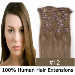 20"8Pcs 100g/set Clip In/On Remy Human Hair Extensions #12 Light brown