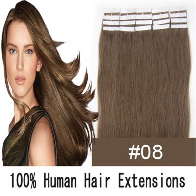 16"18"20"22"24" 20pcs/set Straight Tape in Remy Human Hair Extensions #08 Chestnut brown