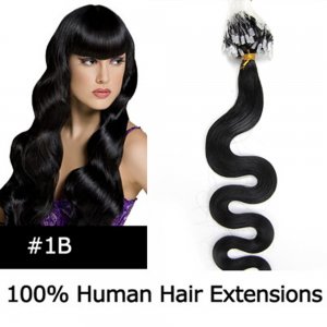 20" 100pcs/Set Wavy Micro Ring Loop Hair Remy Human Hair Extensions #1B Natural black
