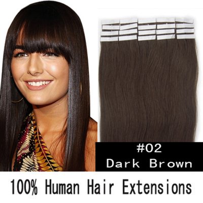 16"18"20"22"24" 20pcs/set Straight Tape in Remy Human Hair Extensions #02 Darkest brown
