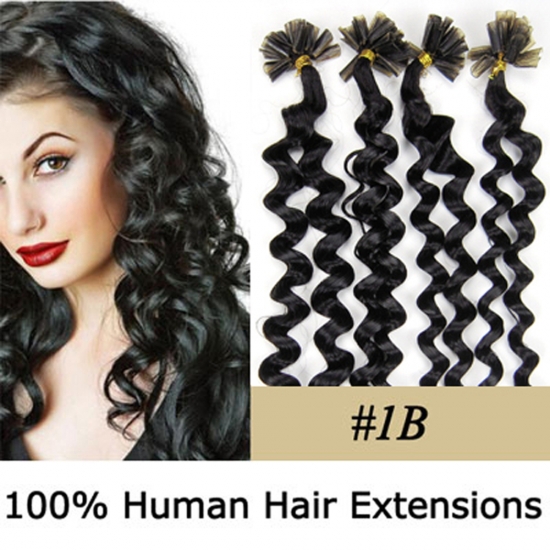 20" 100pcs/Set Curly Nail Tip Hair Keratin U Tip Remy Human Hair Extensions #1B Natural black - Click Image to Close