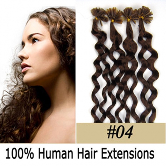 20" 100pcs/Set Curly Nail Tip Hair Keratin U Tip Remy Human Hair Extensions #04 Medium brown - Click Image to Close