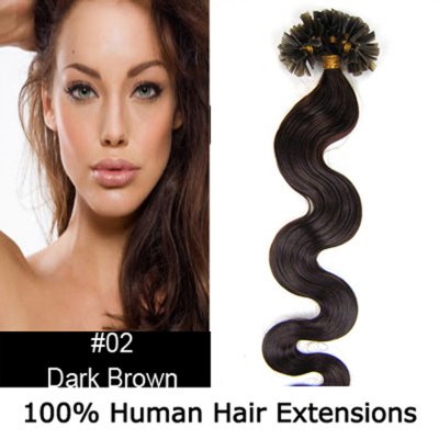 20" 100pcs/Set Wavy Nail Tip Hair Keratin U Tip Remy Human Hair Extensions #02 Darkest brown