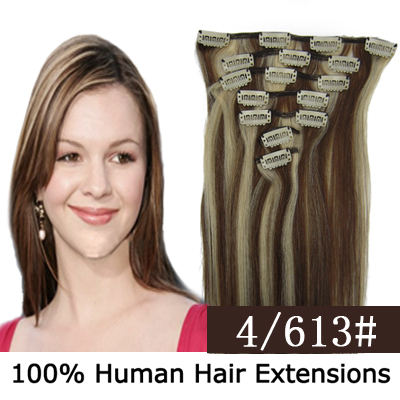 15"18"20"22"7Pcs 70g/80g/set Straight Clip In/On Remy Human Hair Extensions #4/613