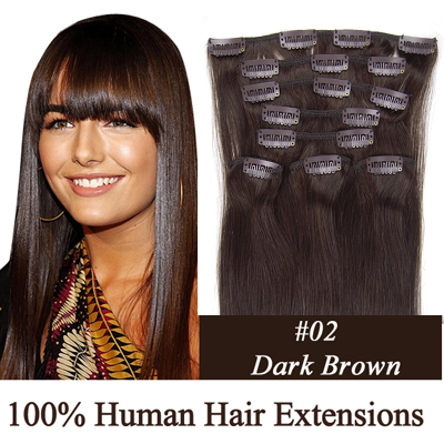 20"8Pcs 100g/set Clip In/On Remy Human Hair Extensions #02 Darkest brown