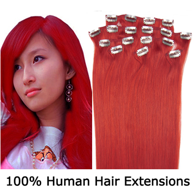 20"8Pcs 100g/set Clip In/On Remy Human Hair Extensions #Red